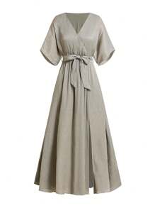 Ellevyn Summer Elegant Women's Shiny Overlapping V-Neck Wrap With Slit Elastic Waist Strap And A-Line Extra Long Exquisite Dress - Green - View 3