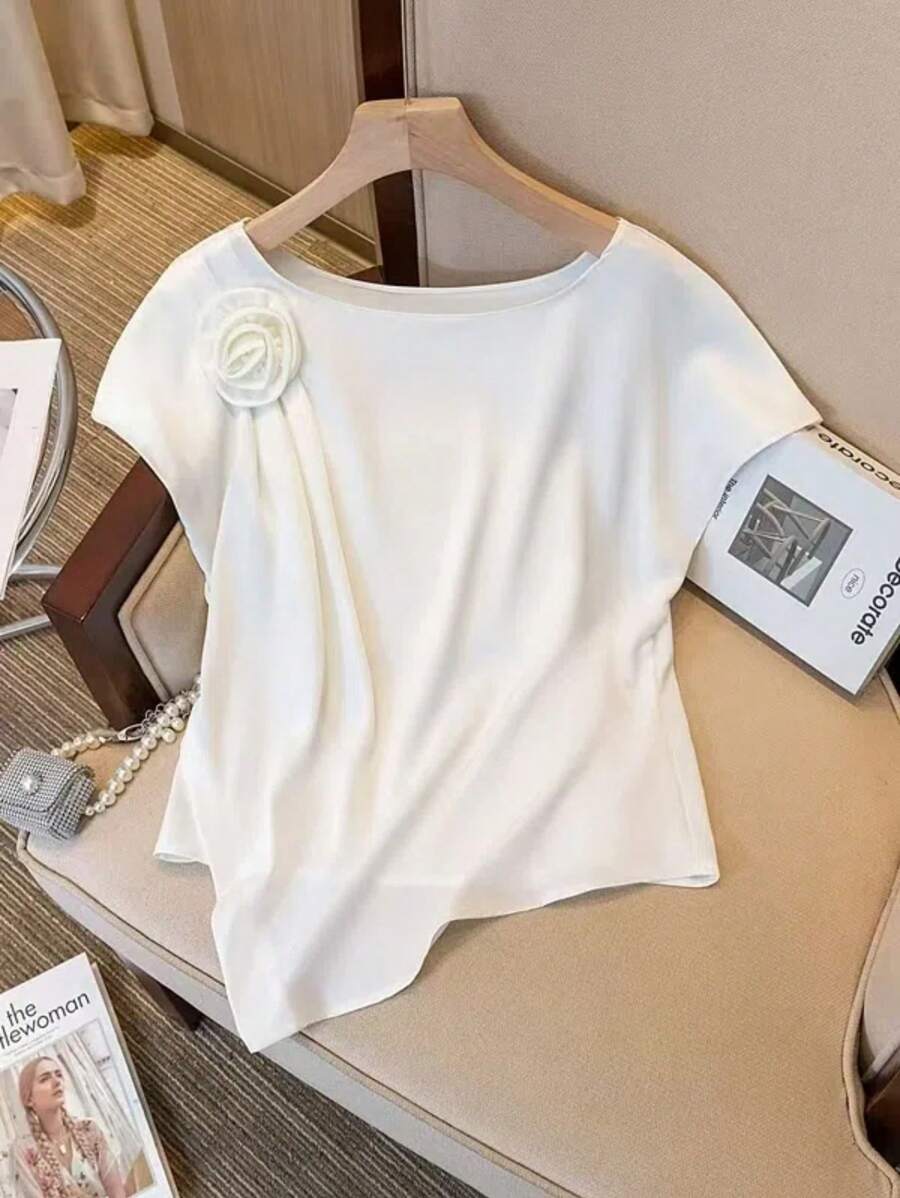 SHEIN Clasi 女式夏季不对称盖袖花卉印花醋酸纤维缎面衬衫 - 白色 - 查看 1
