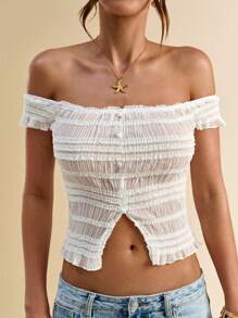 SHEIN BAE Blusa corta de mujer de verano de textura plisada semitraslúcida de color blanco sólido - Blanco - Ver 6