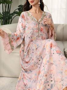 Al Najma 女式 V 领花卉蕾丝褶饰拼布浪漫花卉优雅度假阿拉伯风格长裙，春夏季，端庄 - 彩色 - 查看 1