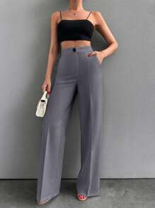 SHEIN Pantaloni casual cu croială dreaptă pentru femei, cu design solid și scobitor, cu buzunar - Gri - Vizualizare 4