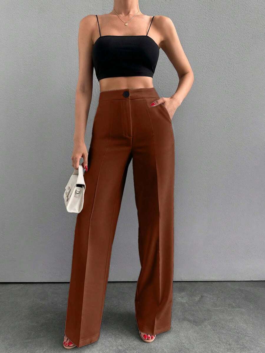 EURMUSE High Waist Straight Leg Solid Color Casual/Office Pants - Brown - View 1