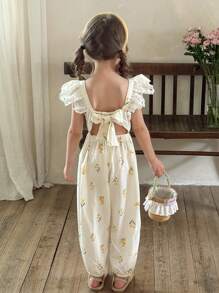 LMoss Kids LMoss  Young Girl Woven Solid Color Ruffled Collar Fitted Jumpsuit - Multicolor - View 2