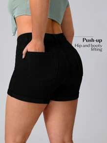 Flexra 大码女式弹力牛仔蓝色性感时尚短裤 - 黑色 - 查看 3