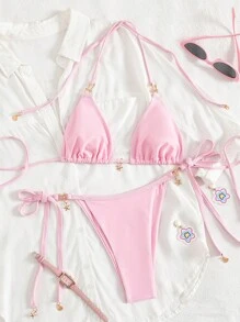 Swim Mod 2 件套女士性感纯色吊带海星装饰粉色比基尼泳裤和侧系带粉色比基尼泳裤夏季海滩度假泳衣