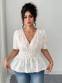Elenzga Plus Size Women Elegant Short Sleeve Tie-Neck Blouse With Vintage Palace-Style Floral Embroidery And Exquisite Ruffle Puff Sleeve, For Spring/Summer - White - View 3