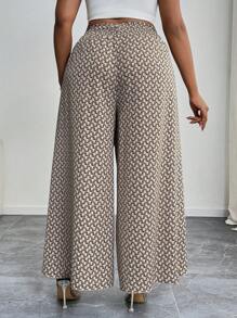 SHEIN PETITE CURVE 大尺碼休閒全印花前打結寬腿褲 夏季長褲，商務休閒女款 2026 秋季時尚 - 杏色 - 查看 2