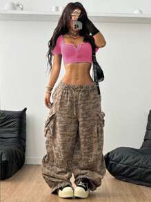 Coolane Women's  Summer Grunge Sportswear Cotton Cable-Knit Washed Button Down Hot Pinks Cropped T-Shirt ,Beach Vacation Outfits - Hot Pink - View 3