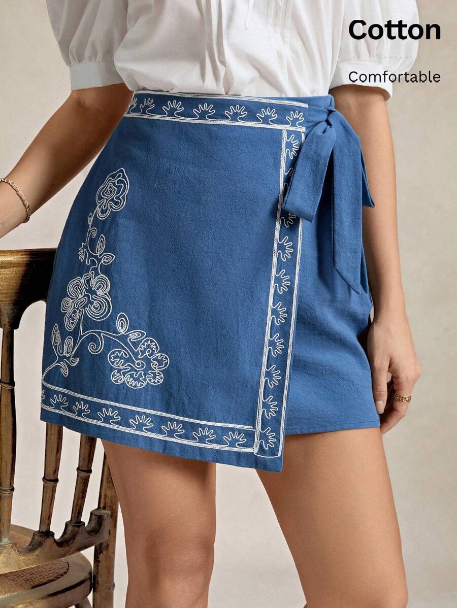 Wildy Women's Teacher Back To School Vintage Modest Cute Old Money Resort Floral Embroidered Side Tie Casual Skort - Dusty Blue - View 1