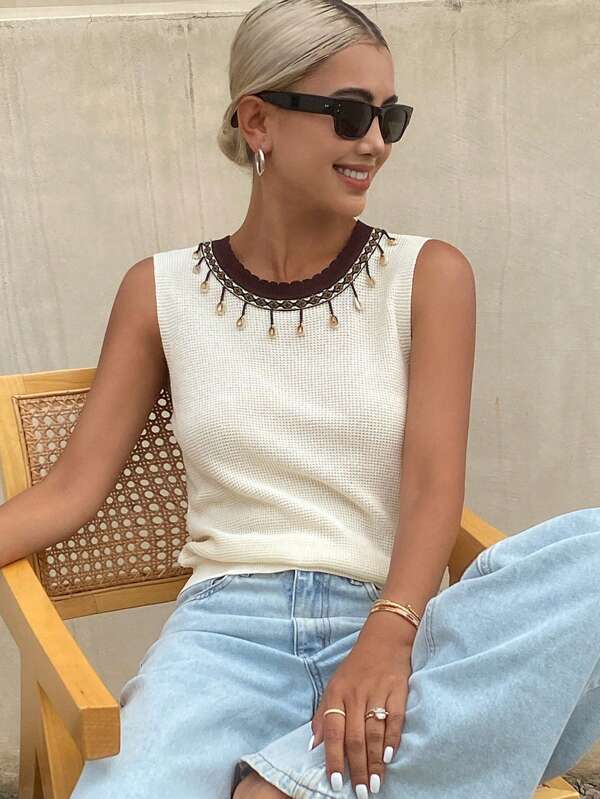 Livesso Pulover tricotat casual cu croială lejeră pentru femei, cu guler gol, stil boho, țesut, decorativ, vară