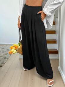 SHEIN LUNE Flowy Pants Work Pants Black Pleated Wide-Leg Pants, Suitable For Casual Outings, Office, And Commuting Airport Women Outfits Women Pants Wide Leg Palazzo - Black - View 1