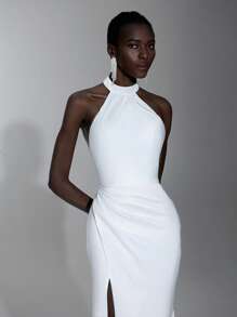 Elitara Elegant White Satin Shiny Elastic Minimalist Luxurious Halter Fishtail High Slit Backless Removable Rhinestone Chain Extra Long Trailing Dress, Suitable For Outdoor, Lawn, Beach, Wedding, Evening Party, Formal Occasion, Bride - White - View 7