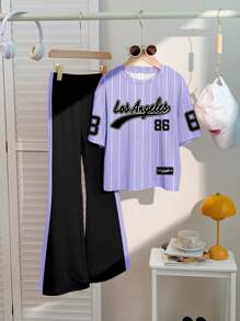 SHEIN Leap Crew Setelan 2 Potong untuk Anak Perempuan Remaja, Desain Minimalis Kasual, Atasan Lengan Pendek dan Celana Panjang, Cocok untuk Musim Panas - MultiWarna - View 2