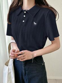 FRIFUL 女士杏色基础款 Polo 领刺绣 T 恤，翻领短袖夏季服装 - 藏蓝色 - 查看 5