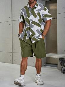 Manfinity Homme 2pcs Men's Plus Size Geometric Print Short Sleeve Shirt And Shorts Casual Set - Multicolor - View 5