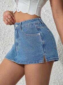 SHEIN PETITE 女士休闲水洗牛仔短裤 - 淺色水洗藍 - 查看 5