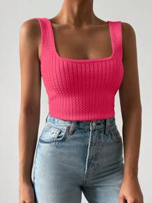 EURMUSE Women Twist Pattern Square Neck Sleeveless Fitted Knit Top Pink - Pink - View 6