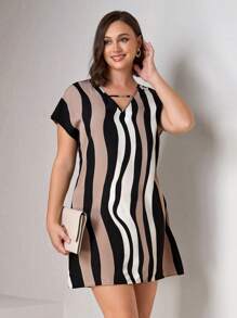 Chikora 春季女式不对称条纹 V 领直筒长袖大码连衣裙，优雅日常连衣裙优雅连衣裙浪漫连衣裙女士夏季连衣裙女士夏季连衣裙优雅女士连衣裙女士春季连衣裙 - 彩色 - 查看 1