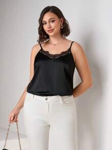 Chikora Plus Size Ladies Elegant Textured Solid Color Lace Splicing Cami Top, Silky Satin Fabric, Suitable For Daily Wear, Fashionable, Simple And Versatile, Summer Outfits For Women,Cami Top,Satin Top,Lace,Black,Summer Outfits For Women,Summer Tops Women - Black - View 1