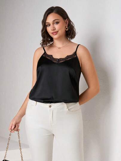 Chikora Top estilo camiseta de tirantes de talla grande para mujer con encaje - Tela de satén sedosa, adecuado para uso diario, de moda, simple y versátil, atuendos de verano para mujer, top de camiseta, top de satén, encaje, negro, atuendos de verano para mujer, blusas de verano para mujer