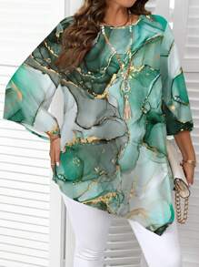 SHEIN CURVE+ Plus Size Elegant Marble Print Asymmetric Hem Blouse