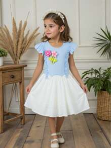Vestido de niña de moda casual, lindo, con bordado de dibujos animados y parches, adecuado para uso diario y salidas de primavera/verano - Multicolor - Ver 3