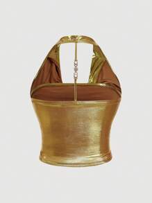 SHEIN MOD Plus Size Women Solid Color Pleated Fashionable Fitted Halter Neck Tank Top Yellow Blouse Gold Top Women Gold Blouses For Women Gold Tops,Club Outfits Women Sexy - Gold - View 2