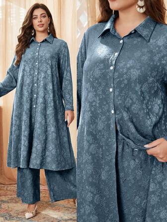 Mulvari 2 件纹理提花撞色纽扣大码休闲套装 2 件套