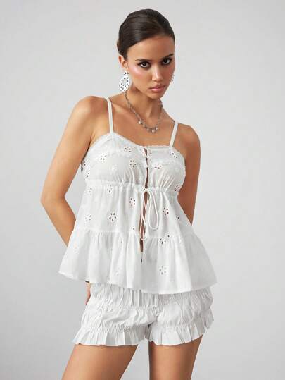 ROMWE Avant Sizilien Urlaub Besticktes, halbtransparentes Damen Trägerhemd mit Tunnelzug und Rüschenbesatz