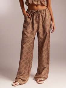 SHEIN Forever 21 Women's Geometric Print Belted Pocket Loose Leg Casual Trousers - Apricot - View 4