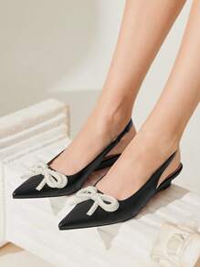 CUCCOO CHICEST Women's Autumn/Winter New Pearl Bow Pointed Toe Low Heel Wedge Elegant Sweet Fashion Black Faux Leather Ladies Wedge Pumps, Shoes For Afternoon Tea, Date, Party, Elegant Outfit, Halloween - Black - View 3