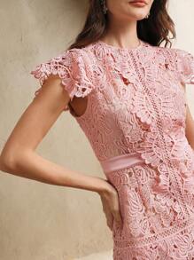 Anewsta Mùa xuân, kỳ nghỉ, lễ hội cho phụ nữ thanh lịch ren thêu vá hoa cổ tròn tay ngắn thường ngày - Hồng - Xem 4