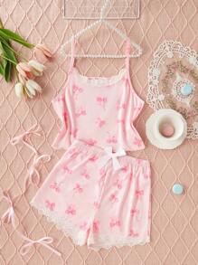 2 piezas Conjunto de pijama de camiseta y pantalones cortos con aplicación de encaje de mariposa para chicas adolescentes, elegante y cómodo, color rosa - Rosa - Ver 3