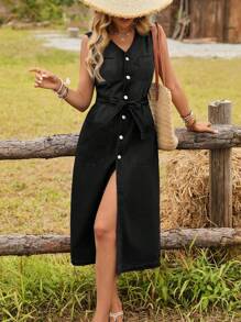 SHEIN LUNE Đầm yếm denim không tay cài nút phía trước cho nữ ngày lễ - màu đen - Xem 4