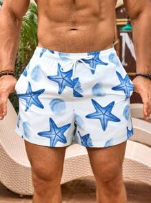Manfinity VDAYZ Shorts casuales de playa con estampado de estrellas de mar para hombres, hawaianos