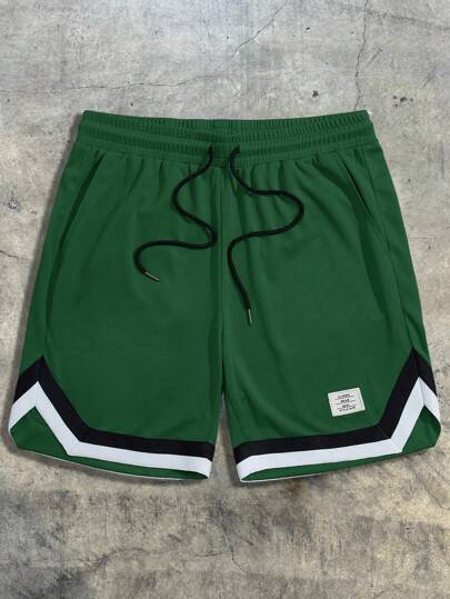 Guys Letter Patched Detail Striped Trim Drawstring Waist Shorts