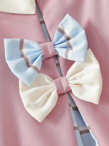 Elladie kids 女童可爱淑女粉色梭织面料拼接蓝色条纹蝴蝶结泡泡袖A字连衣裙，夏季 - 粉色 - 查看 4