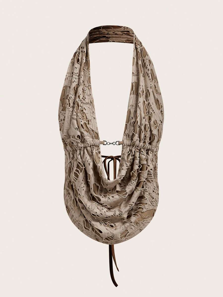 SHEIN ICON Áo thun hở lưng hở vai màu trơn gợi cảm, mùa hè - Màu Khaki - Xem 1