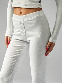 Missguided x Playboy MISSGUIDED Conjunto de pijama informal de manga larga tipo Henley con top corto y pantalón, de punto acanalado suave ultra
