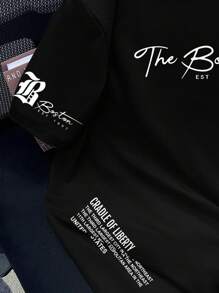 Manfinity EZcore 大码男士夏季休闲标语印花落肩宽松短袖T恤T恤男士T恤男式简约 - 黑色 - 查看 4