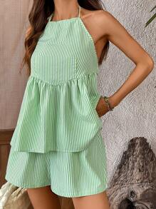 INAWLY Conjunto de 2 piezas para mujer: Top corta sin espalda con volante, tirantes finos y rayas tejidas + Pantalones cortos sueltos con cintura elástica, ajuste normal, para verano - Verde - Ver 3