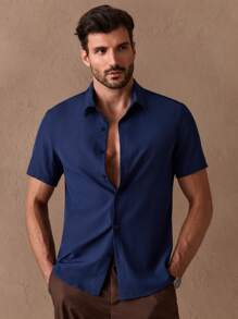 HIMLAND Men Solid Button Front Blue Shirt Without Tee