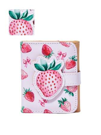 Kawaii Billetera corta blanco PU, plegable en tres partes, con múltiples ranuras para tarjetas, diseño lindo y dulce de fresa rosa con lunares, monedero funcional para niñas