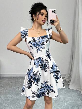 Rafferiza Summer Elegant Random Floral Print Tie-Up Backless Dress