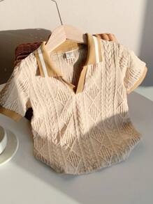 SHEIN Little Byeori 这款青少年男童运动休闲撞色短袖Polo衫，饰有精美细节，适合通勤、上学、日常休闲、度假、旅行、运动、亲子装、生日派对等场合，也适合春夏秋季穿着。 - 卡其色 - 查看 4