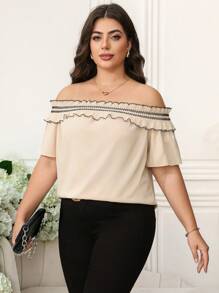 SHEIN Clasi Women Plus Size Ruffled Off-Shoulder Short Sleeve Fashionable Blouse Top - Apricot - View 6