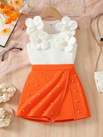 Elladie kids Young Girls 2pcs Set: Pearls & Flower Accent White Tank Top + Pink Elastic Waist Fitted Shorts, Suitable For Birthday, Holiday, Party In Summer Summer Holiday