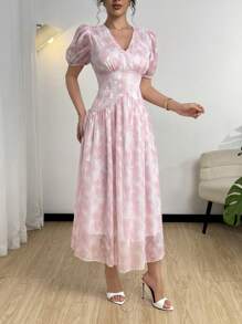 Modelyn Summer Elegant Jacquard Tie-Dye Print Puffed Sleeve Dress - Pink - View 3