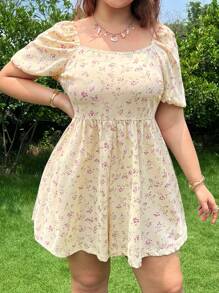 SHEIN EZwear Plus Size Boho Floral Print Woven Fabric Jumpsuit With Square Neckline And Half Sleeves For A Chic Summer Look