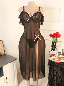 SHEIN 2件套大码蕾丝和网眼内衣连衣裙+丁字裤 - 黑色 - 查看 7